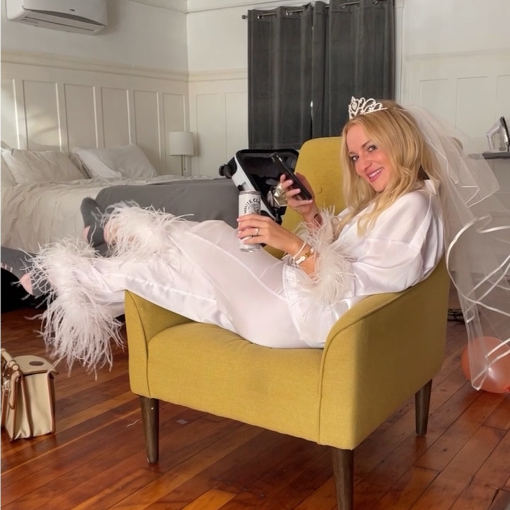 100% silk and feathers white bride bachelorette pjs